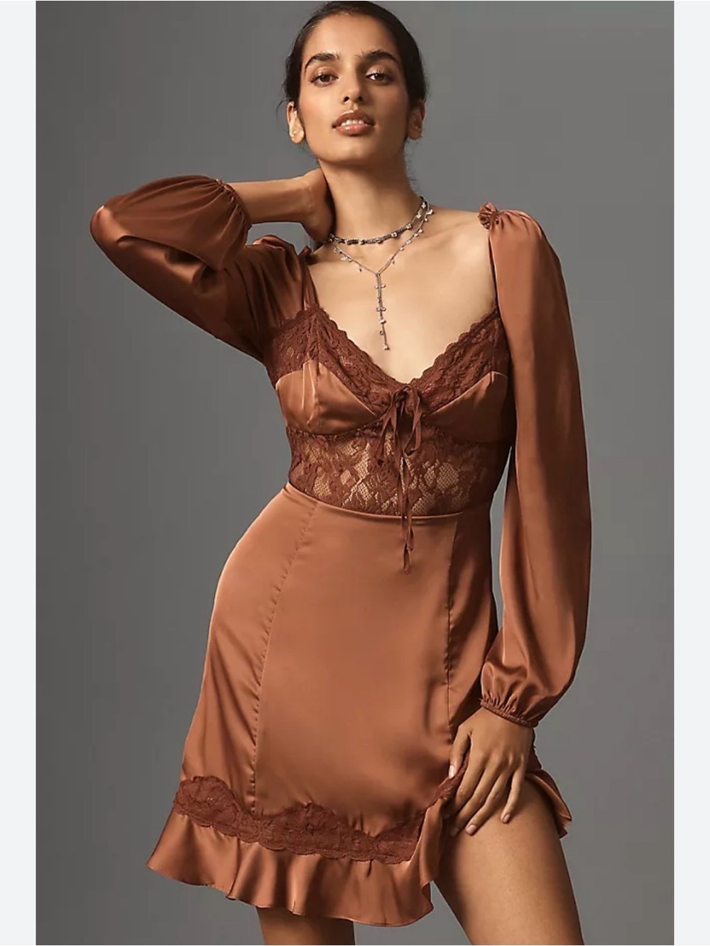 Anthropologie Satin Lace-Trim Slip Dress in Warm Brown